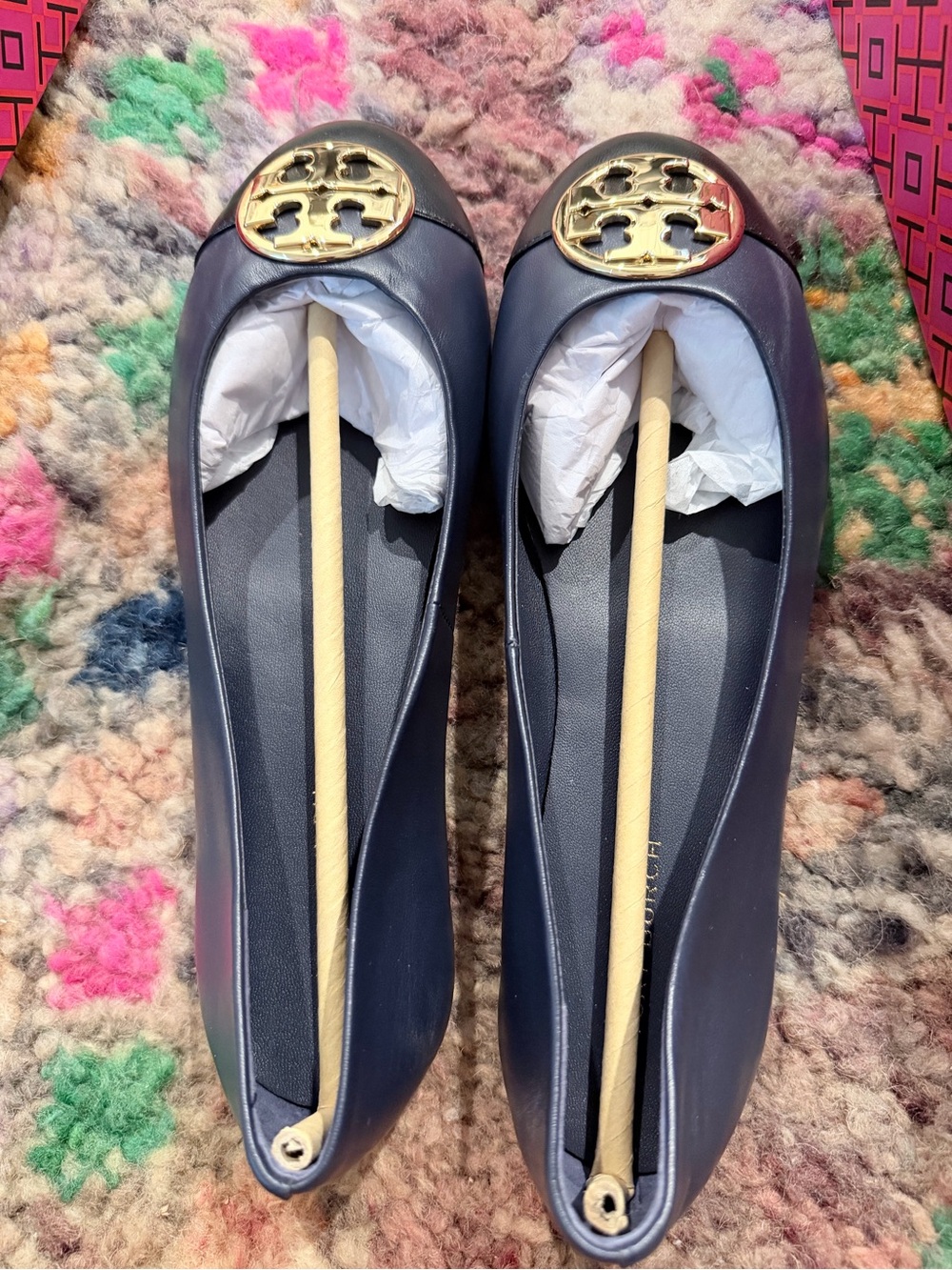 Tory Burch Navy Leather Logo Black Cap-Toe Ballet Flats with Gold Medallion